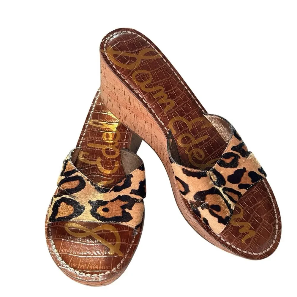 Womens Sam Edelman US Size 9 Eur 40 Leather Leopard Print Cork Wedge Slip On...